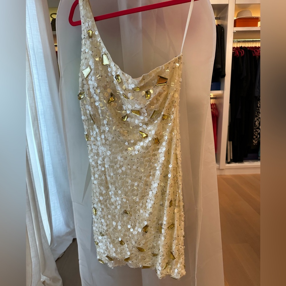 One shoulder white sequin/stone dress